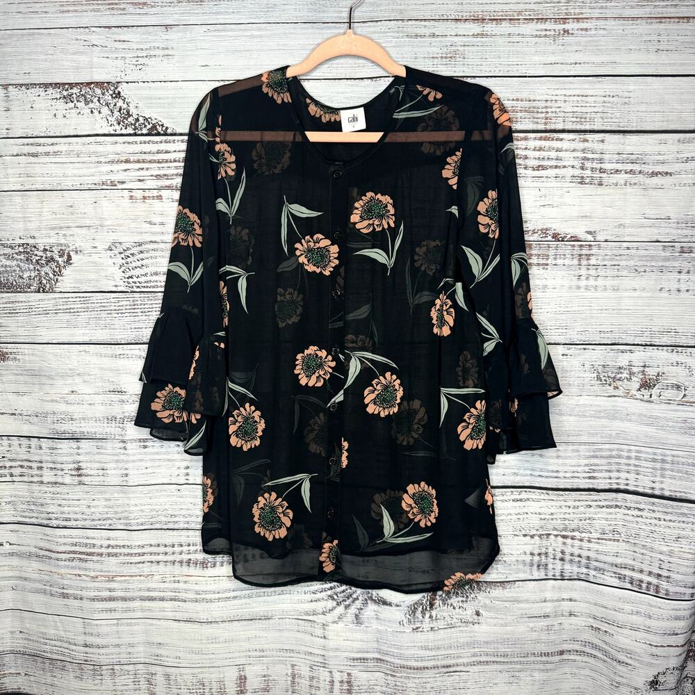 CAbi #5206 La Di Da Blouse Floral Top Bell Sleeve Flare Small - Picture 2 of 4